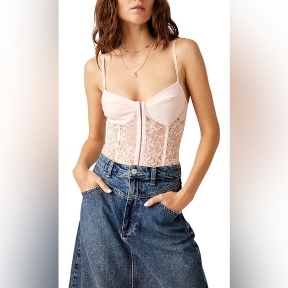 Free People Tops - Free People Intimately Rose Tyrie Lace Corset Bodysuit Pink Shell Size S NWT